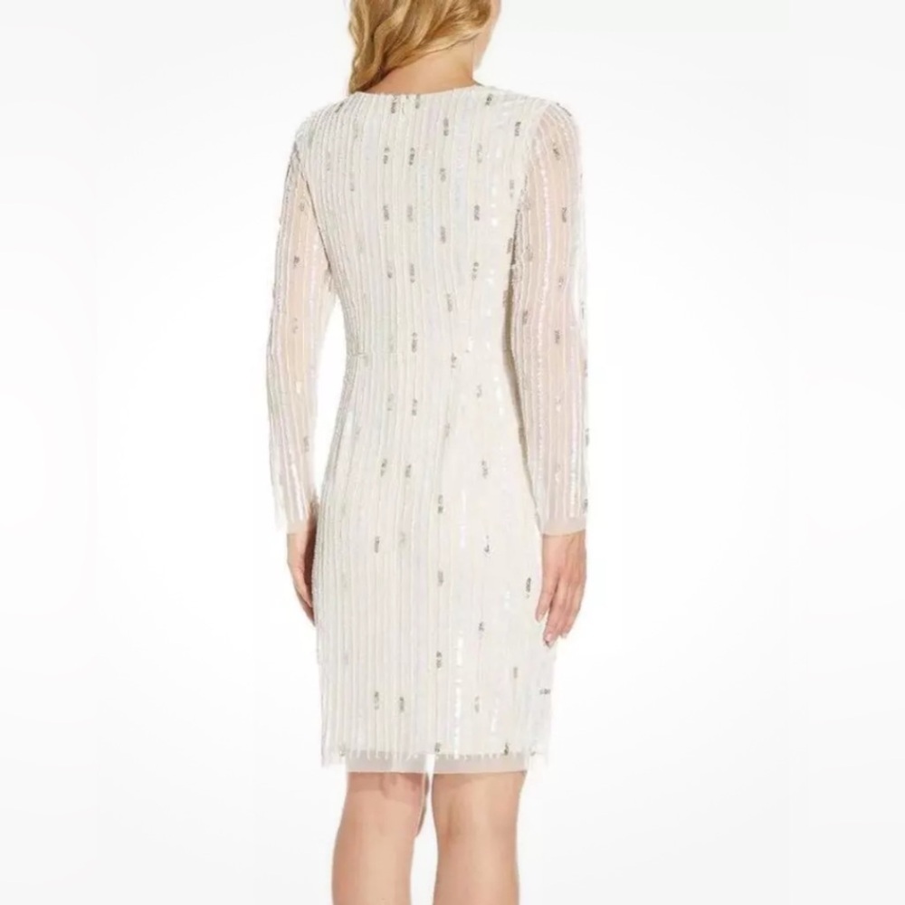 NWT Adrianna Papell White Beaded Sequins Embellished Dress Sheer Sleeves V-Neck - Picture 3 of 16
